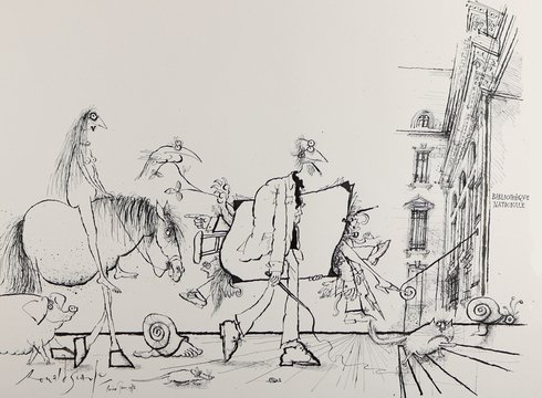 Ronald Searle & Co. betreten die französische Nationalbibliothek, 1973