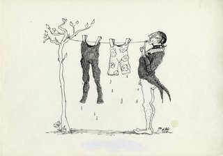 Cartoon: »Wäschleinen-Lämpel« aus dem Buch Gaymanns Lämpeleien  (Collagierte Zeichnungen zu Lehrer Lämpel von Wilhelm Busch), 1980