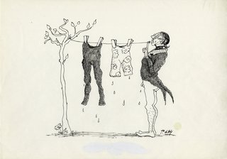 Cartoon: »Wäschleinen-Lämpel« aus dem Buch Gaymanns Lämpeleien (Collagierte Zeichnungen zu Lehrer Lämpel von Wilhelm Busch), 1980